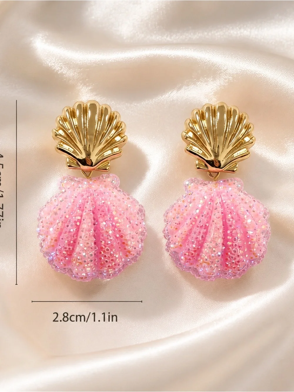 Pink Seashell Gold Earrings  Beach Coastal Glam Sparkle